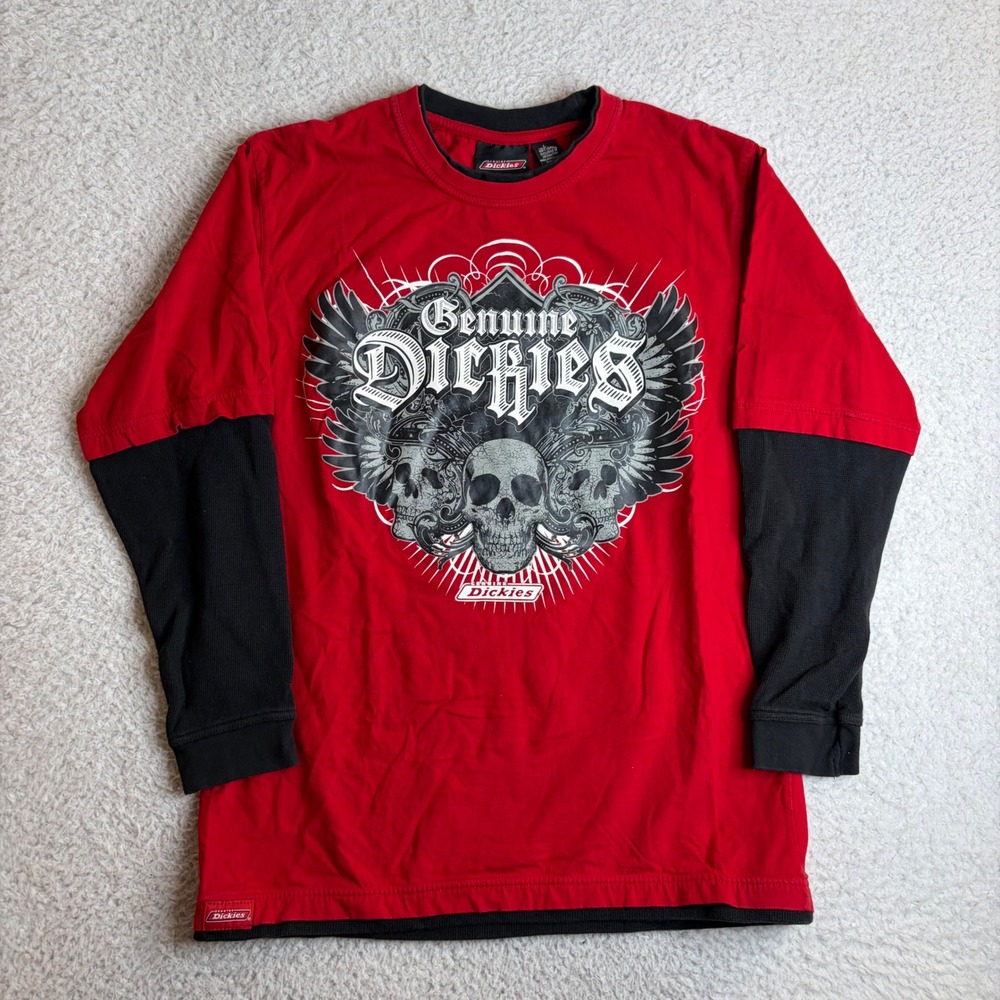 Dickies Y2K Mens Red Black Skulls Graphic Layered T-Shirt Size L goth grunge